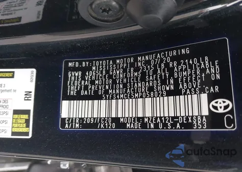 2021 Toyota Corolla Se Nightshade Edition from USA, damaged, VIN 5YFS4MCE5MP058029